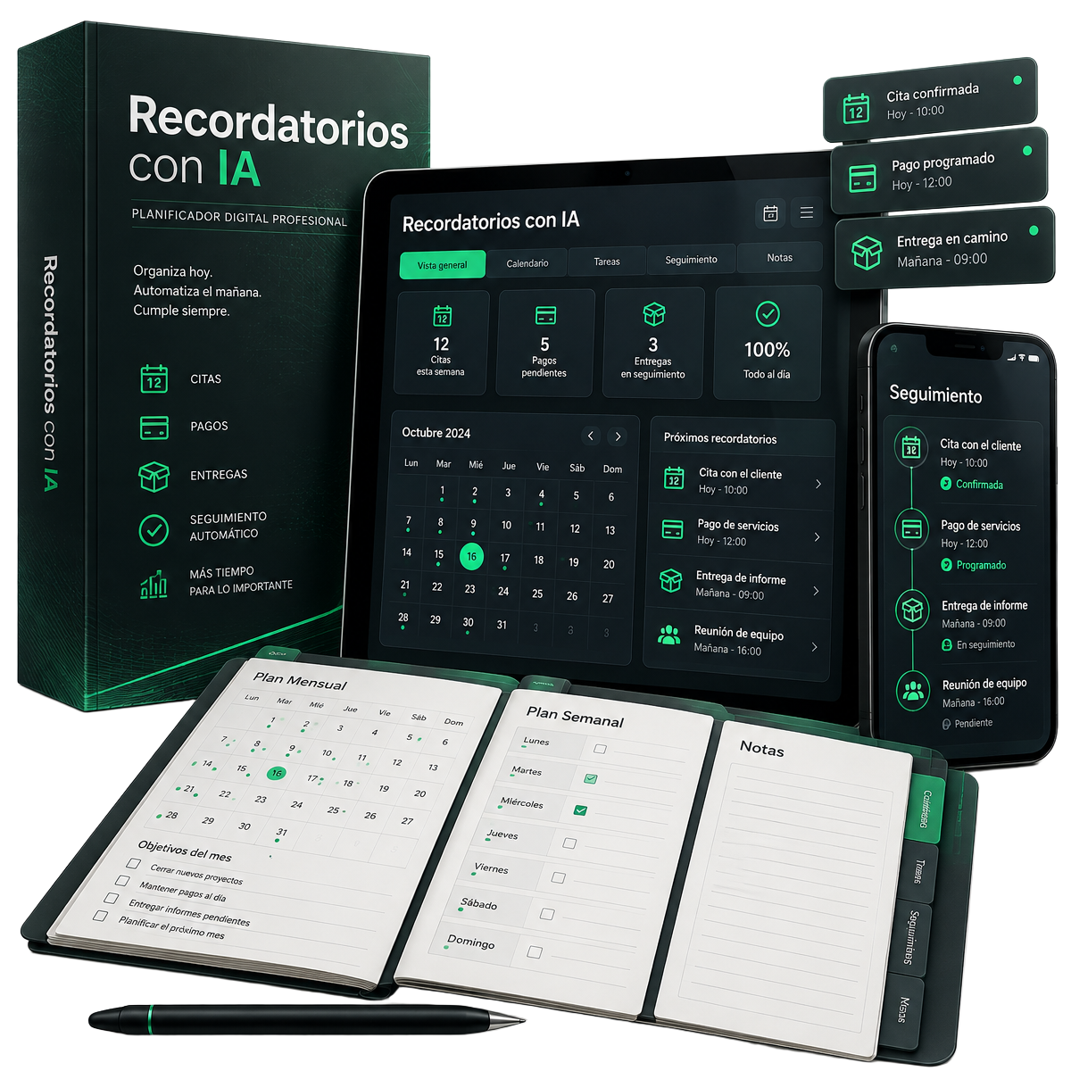 Planner digital de recordatorios con IA, calendario, alertas y seguimiento