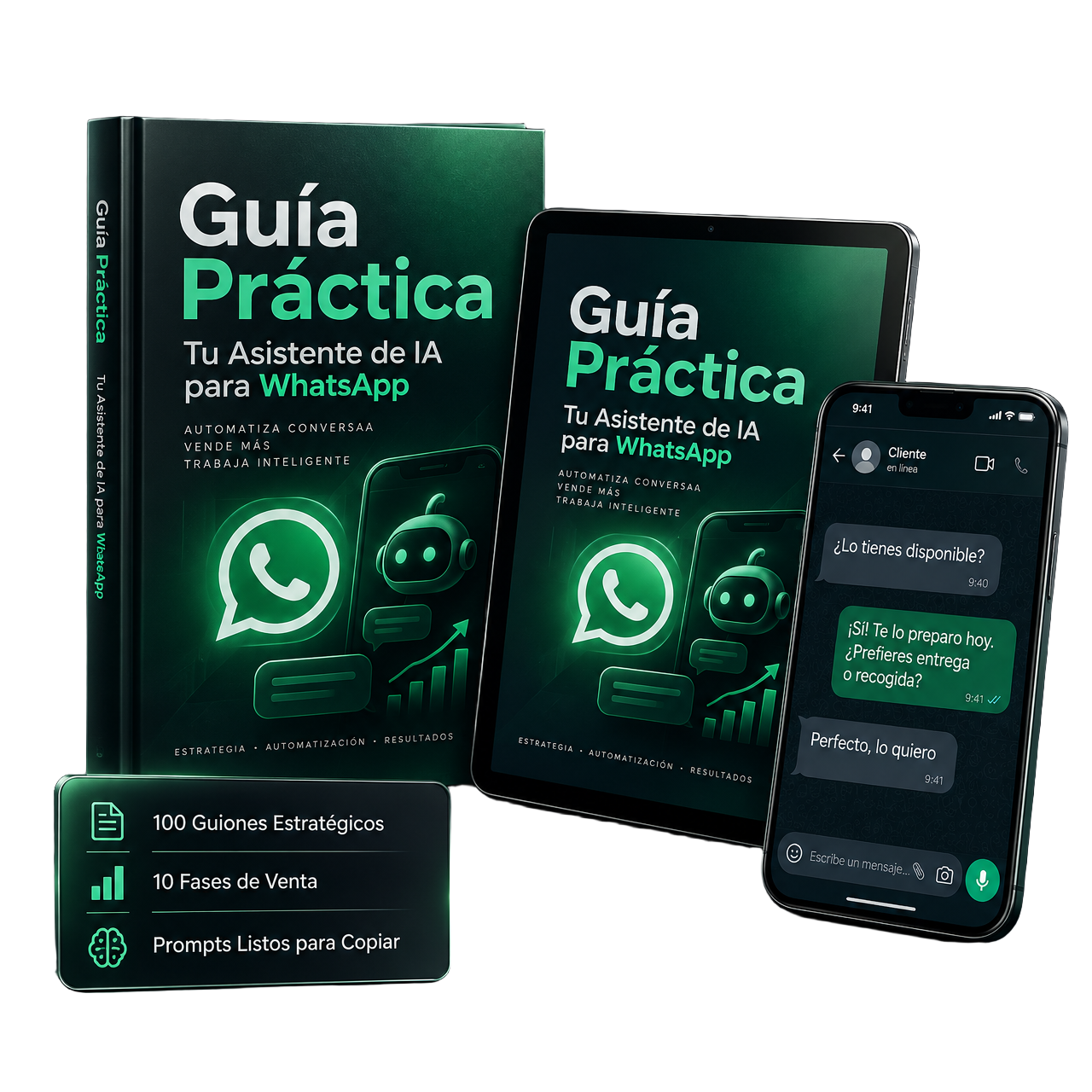 Guía práctica, tablet y teléfono con una conversación de venta por WhatsApp